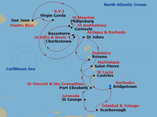 14 Night - Caribbean Combination Cruise : Barbados, St. Lucia & St. Maarten - Azamara Journey - Starting in Bridgetown, Castries, Roseau, Basseterre, St Kitts, Charlestown, Nevis, Philipsburg, Gustavia, San Juan, Virgin Gorda, St Johns AG, Saint-Pierre, Port Elizabeth VC, Bequia, Saint Georges, Grenada, Scarborough, Tobago, Bridgetown itinerary map