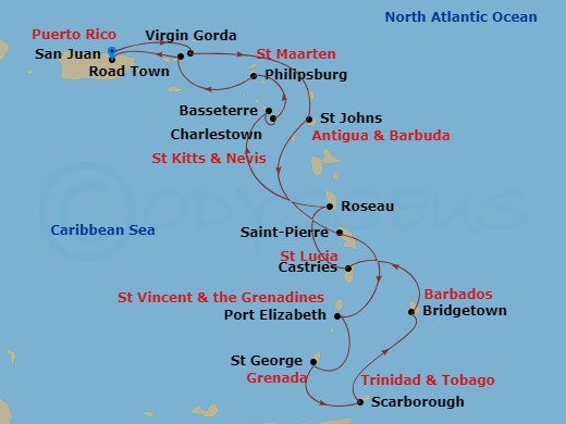 14 Night - Caribbean Combination Cruise : San Juan, St. Lucia & St. Kitts - Azamara Journey - Starting in San Juan, Virgin Gorda, St Johns AG, Saint-Pierre, Port Elizabeth VC, Bequia, Saint Georges, Grenada, Scarborough, Tobago, Bridgetown, Castries, Roseau, Basseterre, St Kitts, Charlestown, Nevis, Philipsburg, Road Town, Tortola, San Juan itinerary map