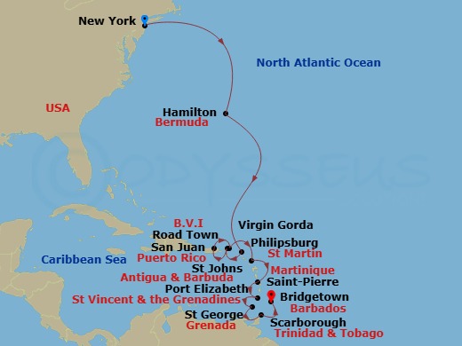 16 Night - Caribbean Combination Cruise : New York, Bermuda & Barbados - Azamara Journey - Starting in New York City, New York, Hamilton, Philipsburg, Road Town, Tortola, San Juan, Virgin Gorda, St Johns AG, Saint-Pierre, Port Elizabeth VC, Bequia, Saint Georges, Grenada, Scarborough, Tobago, Bridgetown itinerary map