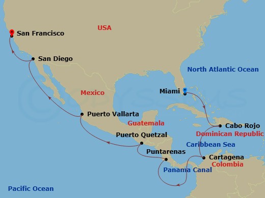 18 Night - Panama Canal Holiday Cruise : Miami, Cabo Rojo & San Diego - Azamara Quest - Starting in Miami, Florida, Cabo Rojo, Cartagena CO, Panama Canal (Cruising), Puntarenas, Puerto Quetzal, Puerto Vallarta, San Diego, San Francisco, California itinerary map