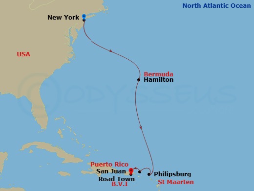 9 Night - Bermuda, Sint Maarten & British Virgin Islands Cruise : Hamilton, Philipsburg & Road Town - Azamara Journey - Starting in New York City, New York, Hamilton, Philipsburg, Road Town, Tortola, San Juan itinerary map