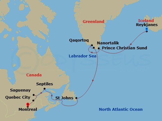 14 Night - Iceland, Greenland & Canada Cruise : Reykjavik, Qaqortoq & Quebec City - Azamara Journey - Starting in Reykjavik, Prince Christian Sound, Qaqortoq (Julianehaab), Nanortalik, St Johns NF, Newfoundland, Sept-iles, Quebec, Scenic Cruising Saguenay Fjord, Saguenay, Quebec, Quebec City, Quebec, Montreal, Quebec itinerary map