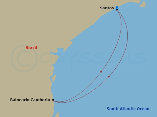 3 Night - South America - MSC Seaview - Starting in Santos (Sao Paulo), Brazil, Camboriu, Brazil, Santos (Sao Paulo), Brazil itinerary map
