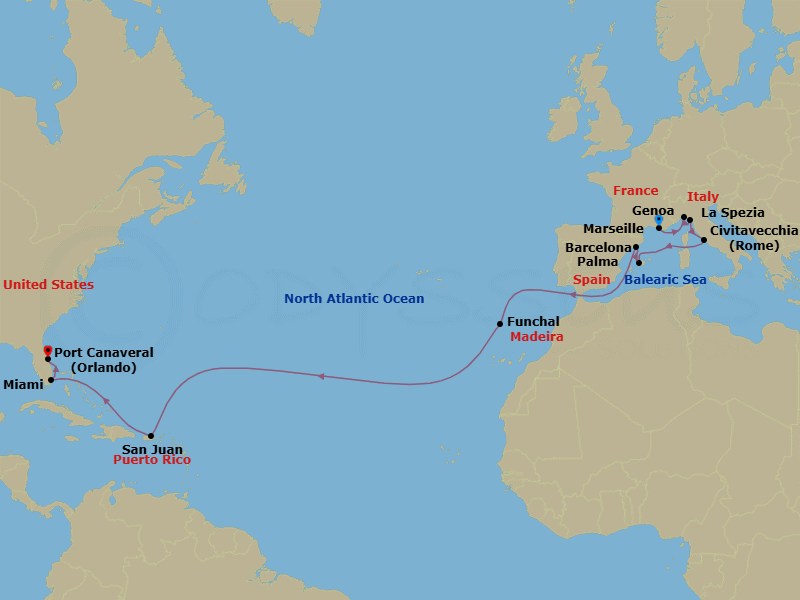 20 Night - Msc Grand Voyages - MSC Grandiosa - Starting in Marseille (Provence), France, Genoa (Portofino), Italy, La Spezia (Cinque Terre), Italy, Civitavecchia (Rome), Italy, Palma De Mallorca (Balearic Islands), Spain, Barcelona, Spain, Funchal (Madeira Islands), Portugal, San Juan Porto Rico, Miami, Florida, Port Canaveral (Orlando), Florida itinerary map