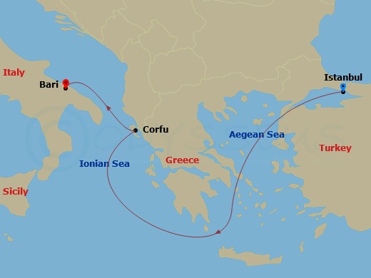 3 Night - Mediterranean - MSC Lirica - Starting in Istanbul, Turkey, Corfu, Greece, Bari, Italy itinerary map