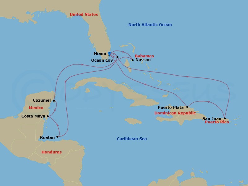 15 Night - Caribbean and Antilles - MSC World America - Starting in Miami, Florida, Puerto Plata, Dominican Republic, San Juan, Puerto Rico, Ocean Cay Msc Marine Reserve, Bahamas, Miami, Florida, Ocean Cay Msc Marine Reserve, Bahamas, Roatan Island, Honduras, Costa Maya, Mexico, Cozumel, Mexico, Nassau, Bahamas, Miami, Florida itinerary map