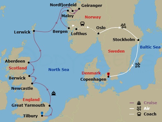 18 Night - Scandinavian Discovery & Norwegian Fjords - Cruise & Land Journey - Scenic Eclipse II - Starting in London (Tilbury), Great Yarmouth, United Kingdom, Newcastle-upon-Tyne, United Kingdom, Berwick-Upon-Tweed, United Kingdom, Aberdeen, Scotland, United Kingdom, Lerwick, Shetland Islands, United Kingdom, Nordfjordeid, Norway, Geiranger, Norway, Maloy, Norway, Bergen, Norway, Bergen, Norway / Lofthus, Norway, Lofthus, Norway / Oslo, Norway, Oslo, Norway, Oslo, Norway / Stockholm, Sweden, Stockholm, Sweden, Stockholm, Sweden / Copenhagen, Denmark, Copenhagen, Denmark, Copenhagen itinerary map