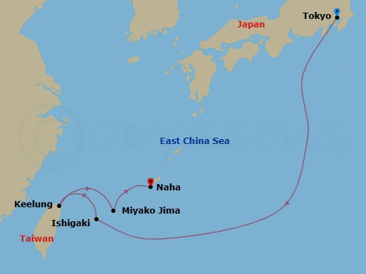 6 Night - Far East - MSC Bellissima - Starting in Tokyo, Japan, Ishigaki, Japan, Keelung (Taipei) Taiwan, China, Miyako Island, Japan, Naha (Okinawa), Japan itinerary map