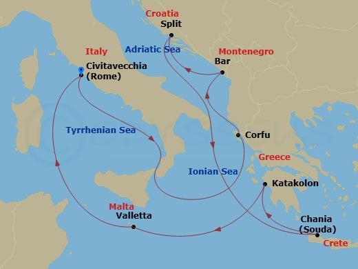 10 Night - Mediterranean with Italy & Croatia - Enchanted Princess - Starting in Civitavecchia (for Rome), Italy, Corfu, Greece, Montenegro, Split, Croatia, Crete (Chania), Greece, Katakolon (for Olympia), Greece, Valletta, Malta, Civitavecchia (for Rome), Italy itinerary map