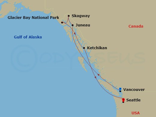 9 Night - Inside Passage (Vancouver to Seattle) - Star Princess - Starting in Vancouver, Canada, Glacier Bay National Park (Scenic Cruising), Alaska, Juneau, Alaska, Skagway, Alaska, Endicott Arm and Dawes Glacier (Scenic Cruising), Alaska, Ketchikan, Alaska, Seattle, Washington itinerary map