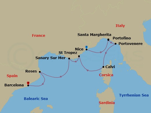 7 Night - Yachting Gems of the Italian & French Rivieras - Emerald Sakara - Starting in Nice, France, Santa Margherita Ligure, Porto Venere, Italy, Calvi, France, Saint-Tropez, France, Sanary-sur-Mer, France, Roses, Spain, Barcelona, Spain itinerary map