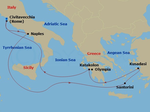 7 Night - Mediterranean & Aegean - Enchanted Princess - Starting in Civitavecchia (for Rome), Italy, Naples, Italy (for Capri and Pompeii), Santorini, Greece, Kusadasi, Turkey (for Ephesus), Katakolon (for Olympia), Greece, Civitavecchia (for Rome), Italy itinerary map