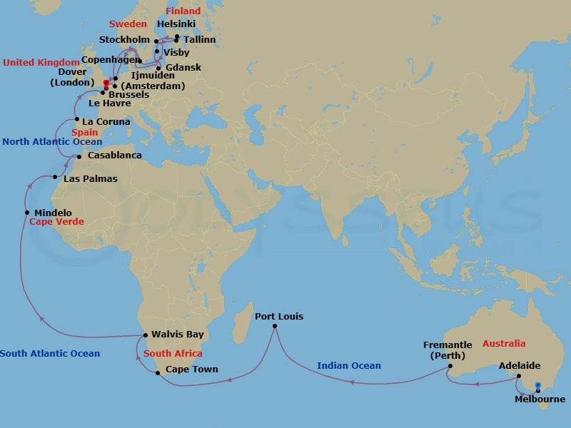 53 Night - World Cruise Liner - Melbourne to London (Dover) - Crown Princess - Starting in Melbourne, Australia, Adelaide, Australia, Perth (Fremantle), Australia, Port Louis, Mauritius, Cape Town, South Africa, Walvis Bay, Namibia, Mindelo, Cape Verde Islands, Gran Canaria (Las Palmas), Canary Islands, Casablanca, Morocco (for Marrakesh), La Coruna, Spain (for Santiago de Compostela), Le Havre (for Paris / Normandy), France, Zeebrugge (for Brussels / Bruges), Belgium, Gdansk (Gdynia), Poland, Visby, Sweden, Helsinki, Finland, Tallinn, Estonia, Stockholm, Sweden, Copenhagen, Denmark, Amsterdam (IJmuiden), Netherlands, Dover UK (for London), England itinerary map