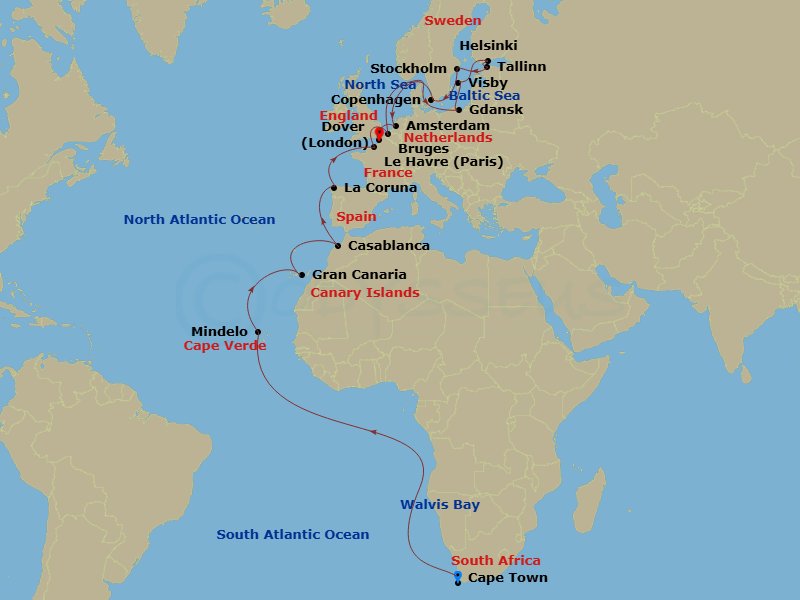 33 Night - World Cruise Segment - Cape Town to London (Dover) - Crown Princess - Starting in Cape Town, South Africa, Walvis Bay, Namibia, Mindelo, Cape Verde Islands, Gran Canaria (Las Palmas), Canary Islands, Casablanca, Morocco (for Marrakesh), La Coruna, Spain (for Santiago de Compostela), Le Havre (for Paris / Normandy), France, Zeebrugge (for Brussels / Bruges), Belgium, Gdansk (Gdynia), Poland, Visby, Sweden, Helsinki, Finland, Tallinn, Estonia, Stockholm, Sweden, Copenhagen, Denmark, Amsterdam (IJmuiden), Netherlands, Dover UK (for London), England itinerary map