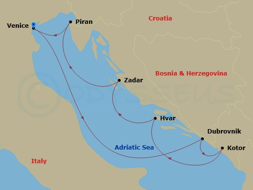 7 Night - Venice / Venice - Ilma - Starting in Venice, Dubrovnik, Croatia, Kotor, Hvar, Zadar, Piran, Venice itinerary map