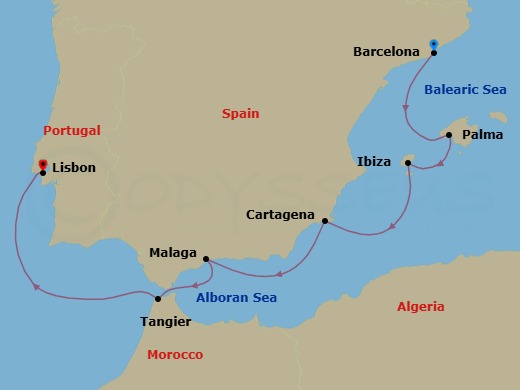7 Night - Barcelona / Lisbon - Evrima - Starting in Barcelona, Palma de Mallorca, Mallorca, Balearic Islands, Ibiza, Balearic Islands, Cartagena ES, Malaga, Tangier, Lisbon itinerary map