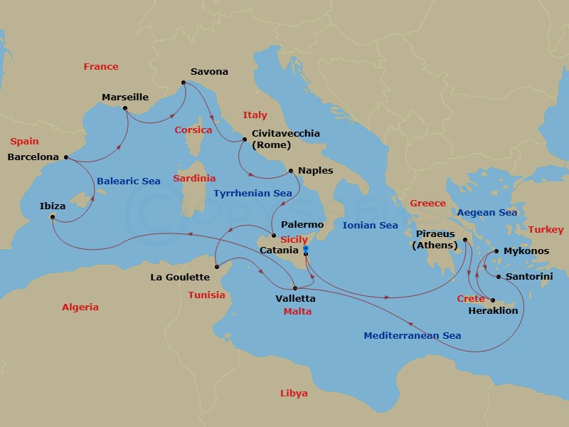 18 Night - Western Mediterranean from Catania - Costa Fascinosa - Starting in Catania, Athens (Piraeus), Heraklion, Mykonos, Santorini, Malta / La Valletta, Ibiza, Barcelona, Marseille, Savona, Civitavecchia (Rome), Napoli, Palermo, La Goulette, Malta / La Valletta, Catania itinerary map