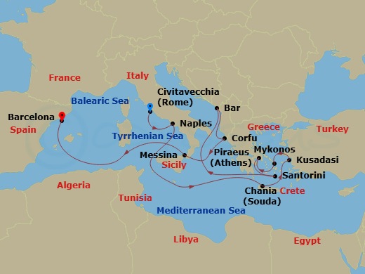 14 Night - Mediterranean with Greece, Turkey, & Adriatic - Sun Princess - Starting in Civitavecchia (for Rome), Italy, Naples, Italy (for Capri and Pompeii), Crete (Chania), Greece, Kusadasi, Turkey (for Ephesus), Mykonos, Greece, Athens (Piraeus), Greece, Santorini, Greece, Montenegro, Corfu, Greece, Sicily (Messina), Italy, Barcelona, Spain itinerary map