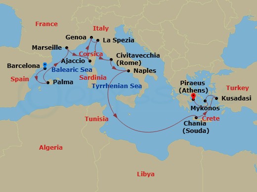 14 Night - Mediterranean with Greece, Italy & Turkey - Sun Princess - Starting in Barcelona, Spain, Mallorca (Palma), Spain, Marseille (Provence), France, Corsica (Ajaccio), France, Genoa (for Cinque Terre), Italy, La Spezia (for Florence / Pisa), Italy, Civitavecchia (for Rome), Italy, Naples, Italy (for Capri and Pompeii), Crete (Chania), Greece, Kusadasi, Turkey (for Ephesus), Mykonos, Greece, Athens (Piraeus), Greece itinerary map