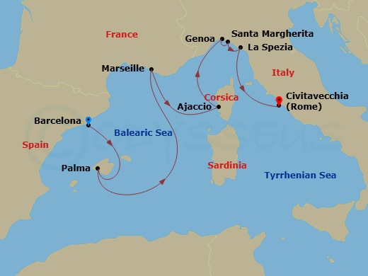 7 Night - Western Mediterranean with Italy - Sun Princess - Starting in Barcelona, Spain, Mallorca (Palma), Spain, Marseille (Provence), France, Corsica (Ajaccio), France, Genoa (for Cinque Terre), Italy, Santa Margherita, Italy, La Spezia (for Florence / Pisa), Italy, Civitavecchia (for Rome), Italy itinerary map