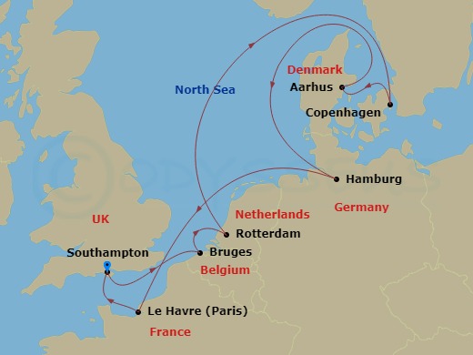 10 Night - European Capitals - Majestic Princess - Starting in Southampton (for London), England, Zeebrugge (for Brussels / Bruges), Belgium, Rotterdam, the Netherlands, Copenhagen, Denmark, Aarhus, Denmark, Hamburg, Germany (for Berlin), Le Havre (for Paris / Normandy), France, Southampton (for London), England itinerary map