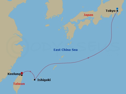 4 Night - Far East - MSC Bellissima - Starting in Tokyo, Japan, Ishigaki, Japan, Keelung (Taipei) Taiwan, China itinerary map