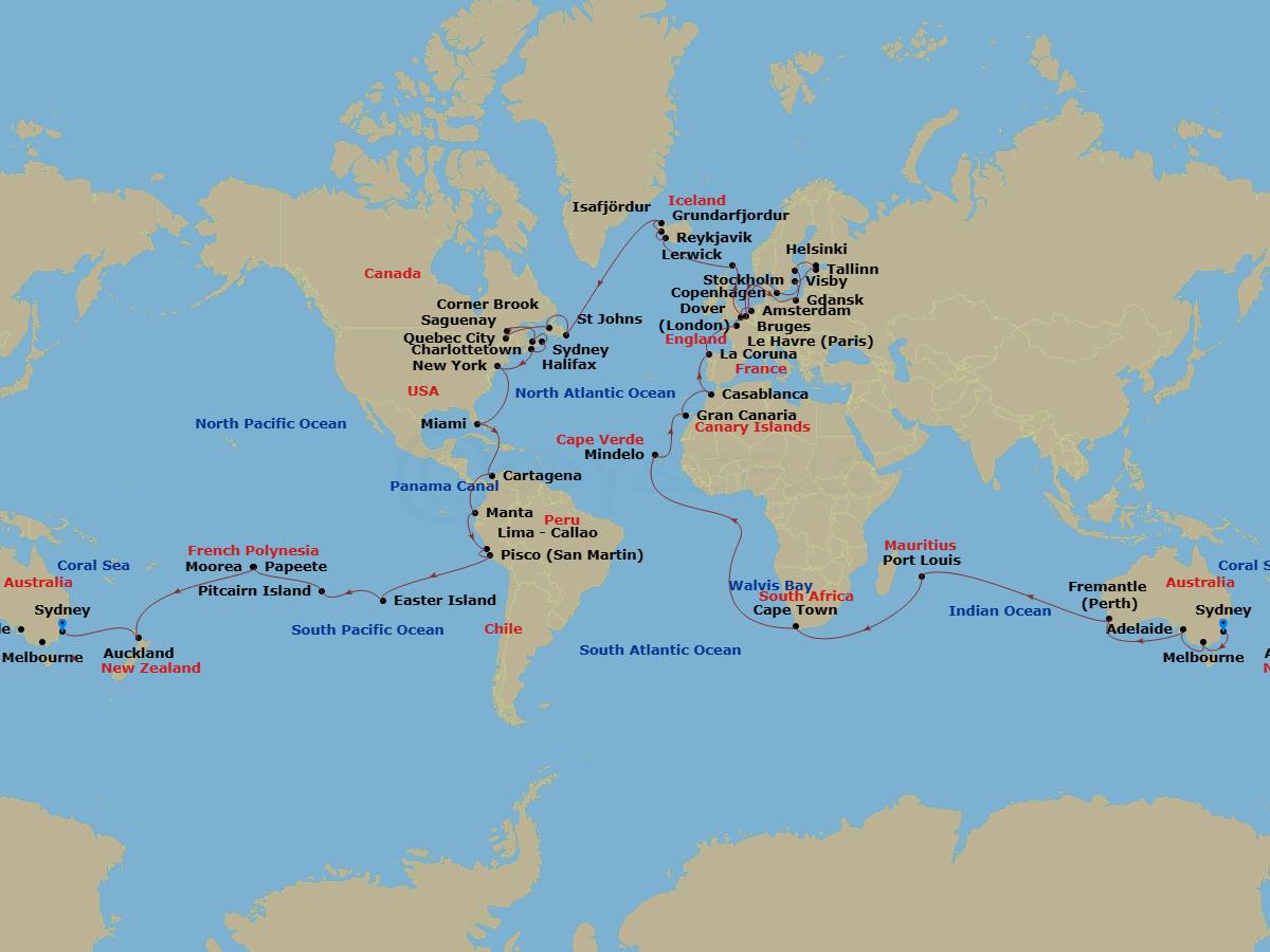 115 Night - World Cruise - Roundtrip Sydney - Crown Princess - Starting in Sydney AU, Melbourne, Australia, Adelaide, Australia, Perth (Fremantle), Australia, Port Louis, Mauritius, Cape Town, South Africa, Walvis Bay, Namibia, Mindelo, Cape Verde Islands, Gran Canaria (Las Palmas), Canary Islands, Casablanca, Morocco (for Marrakesh), La Coruna, Spain (for Santiago de Compostela), Le Havre (for Paris / Normandy), France, Zeebrugge (for Brussels / Bruges), Belgium, Gdansk (Gdynia), Poland, Visby, Sweden, Helsinki, Finland, Tallinn, Estonia, Stockholm, Sweden, Copenhagen, Denmark, Amsterdam (IJmuiden), Netherlands, Dover UK (for London), England, Shetland Islands (Lerwick), Scotland, Reykjavik, Iceland, Grundarfjordur, Iceland, Isafjordur, Iceland, St Johns NF, Newfoundland, Corner Brook, Canada, Quebec City, Canada, Saguenay, Canada, Charlottetown, Canada, Sydney CA, Halifax, Canada, New York City (Manhattan or Brooklyn), New York, Miami, Florida, Cartagena CO, Panama Canal Full Transit New Locks, Manta, Ecuador, Lima (Callao), Peru, Pisco (General San Martin), Peru, Easter Island, Chile, Pitcairn Island (Scenic Cruising), Pitcairn Islands, Tahiti (Papeete), French Polynesia, Moorea, French Polynesia, Cross International Date Line, Auckland, New Zealand, Sydney AU itinerary map