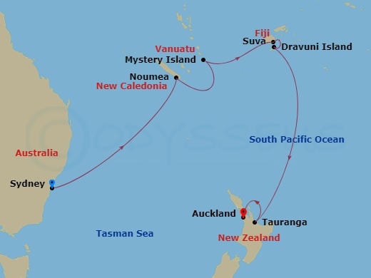 11 Night - Fiji & New Zealand - Crown Princess - Starting in Sydney AU, Noumea, New Caledonia, Mystery Island, Vanuatu, Suva, Fiji, Dravuni Island, Fiji, Tauranga, New Zealand, Auckland, New Zealand itinerary map