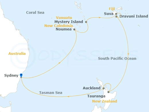 15 Night - Fiji & New Zealand - Crown Princess - Starting in Sydney AU, Noumea, New Caledonia, Mystery Island, Vanuatu, Suva, Fiji, Dravuni Island, Fiji, Tauranga, New Zealand, Auckland, New Zealand, Sydney AU itinerary map