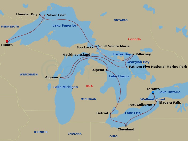 14 Night - Great Lakes Collection - Viking Octantis - Starting in Toronto, Ontario, Niagara Falls (Port Colborne), Ontario, Cleveland, Ohio, Detroit, Michigan, Alpena, Michigan, Door Peninsula (Algoma), Wisconsin, Mackinac Island, Michigan, Fathom Five National Marine Park, Ontario, Georgian Bay (Killarney), Ontario, Georgian Bay (Frazer Bay), Ontario, Sault Sainte Marie, Michigan, Scenic Sailing Soo Locks, Thunder Bay, Ontario, Silver Islet, Ontario, Duluth, Minnesota itinerary map