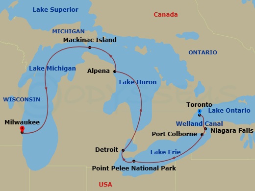 7 Night - Niagara & the Great Lakes - Viking Polaris - Starting in Toronto, Ontario, Welland Canal, Niagara Falls (Port Colborne), Ontario, Point Pelee, Ontario, Detroit, Michigan, Alpena, Michigan, Mackinac Island, Michigan, Milwaukee, Wisconsin itinerary map