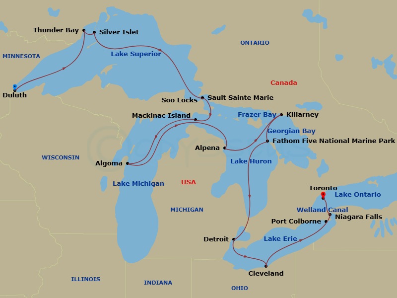 14 Night - Great Lakes Collection - Viking Polaris - Starting in Duluth, Minnesota, Thunder Bay, Ontario, Silver Islet, Ontario, Scenic Sailing Soo Locks, Sault Sainte Marie, Michigan, Mackinac Island, Michigan, Door Peninsula (Algoma), Wisconsin, Alpena, Michigan, Georgian Bay (Killarney), Ontario, Georgian Bay (Frazer Bay), Ontario, Fathom Five National Marine Park, Ontario, Detroit, Michigan, Cleveland, Ohio, Niagara Falls (Port Colborne), Ontario, Welland Canal, Toronto, Ontario itinerary map