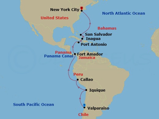 19 Night - Panama Canal & the Americas - Viking Octantis - Starting in Santiago (Valparaiso), Sail the Pacific Ocean, Iquique, Sail the Pacific Ocean, Lima (Callao), Sail the Pacific Ocean, Panama City (Fuerte Amador), Scenic Sailing Panama Canal, Sail the Pacific Ocean, Port Antonio, Man of War Bay (Great Inagua), San Salvador Island, Sail the Atlantic Ocean, New York City, New York itinerary map