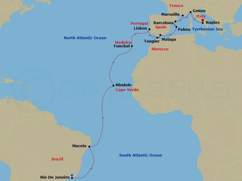 23 Night - Msc Grand Voyages - MSC Seaview - Starting in Rio De Janeiro, Brazil, Maceio, Brazil, Mindelo, Cape Verde, Funchal (Madeira Islands), Portugal, Lisbon (Cascais), Portugal, Tangier (Tetouan), Morocco, Malaga (Granada), Spain, Palma De Mallorca (Baleari Is), Spain, Barcelona, Spain, Marseille (Provence), France, Genoa (Portofino), Italy, Naples (Pompeii), Italy itinerary map