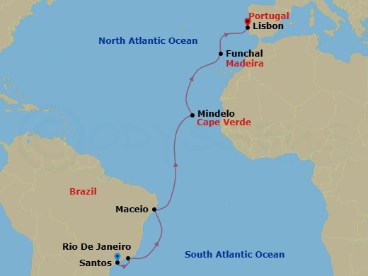 14 Night - Msc Grand Voyages - MSC Seaview - Starting in Santos (Sao Paulo), Brazil, Rio De Janeiro, Brazil, Maceio, Brazil, Mindelo, Cape Verde, Funchal (Madeira Islands), Portugal, Lisbon (Cascais), Portugal itinerary map