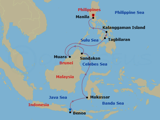 12 Night - Benoa to Manila - Silver Whisper - Starting in Benoa, Bali, Makassar, Sandakan (Sabah), Muara, Bohol (Tagbilaran), Kalanggaman private island, Manila itinerary map