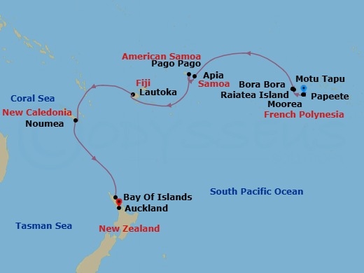 18 Night - Papeete to Auckland - Silver Whisper - Starting in Papeete (Tahiti), Moorea Island, Bora Bora (Society Islands), Motu Tapu (Bora Bora), Raiatea, Pago Pago, Date Line lose a day, Apia, Lautoka, Noumea, Bay of Islands itinerary map