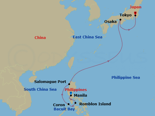 12 Night - Manila to Tokyo - Silver Whisper - Starting in Manila, Romblon Island, Coron (Palawan), Vigan, Salomague Port, Osaka, Tokyo itinerary map