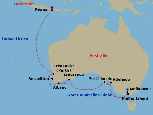 14 Night - Melbourne to Benoa - Silver Whisper - Starting in Melbourne, Phillip Island, Adelaide, Port Lincoln, Esperance, Albany AU, Australia, Busselton, Fremantle (Perth), Western Australia, Benoa, Bali itinerary map