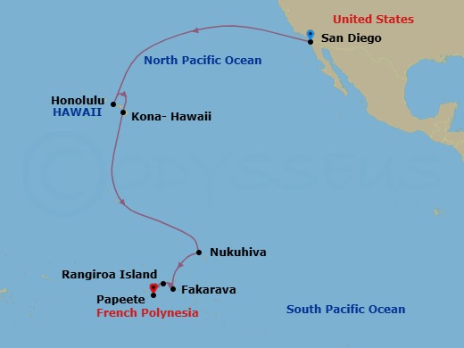 18 Night - San Diego to Papeete - Silver Whisper - Starting in San Diego, California, Honolulu, Oahu, Hawaii, Kailua Kona, Hawaii, Nuku Hiva, Marquesas Islands, Fakarava, Tuamotu Archipelago, Rangiroa, Papeete (Tahiti) itinerary map