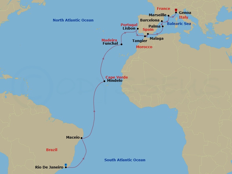 22 Night - Msc Grand Voyages - MSC Seaview - Starting in Rio De Janeiro, Brazil, Maceio, Brazil, Mindelo, Cape Verde, Funchal (Madeira Islands), Portugal, Lisbon (Cascais), Portugal, Tangier (Tetouan), Morocco, Malaga (Granada), Spain, Palma De Mallorca (Baleari Is), Spain, Barcelona, Spain, Marseille (Provence), France, Genoa (Portofino), Italy itinerary map