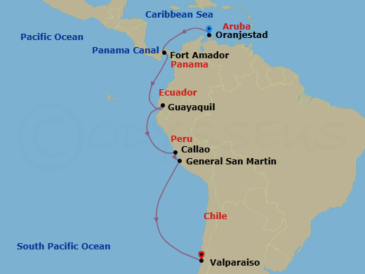 16 Night - Panama Canal & Historic Coasts of South America - Seabourn Pursuit - Starting in Oranjestad, Aruba, Cruising Panama Canal, Fuerte Amador (Panama City), Panama, Guayaquil (Quito), Ecuador, Callao (Lima), Peru, General San Martin (Pisco), Peru, Valparaiso (Santiago), Chile itinerary map