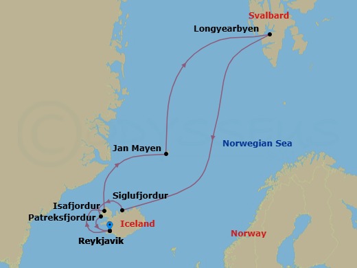 16 Night - Svalbard Expedition & Iceland - Seabourn Pursuit - Starting in Reykjavik, Iceland, Isafjordur, Iceland, Jan Mayen Island, Norway, Longyearbyen, Norway, Svalbard, Siglufjordur, Iceland, Patreksfjordur, Iceland, Reykjavik, Iceland itinerary map