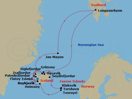 28 Night - Iceland, the Faroe Islands & Svalbard Expedition - Seabourn Pursuit - Starting in Reykjavik, Iceland, Flatey, Iceland, Siglufjordur, Iceland, Husavik, Iceland, Grimsey, Iceland, Seydisfjordur, Iceland, Torshavn, Faroe Islands, Klaksvik, Faroe Islands, Tvoroyri, Faroe Islands, Outer Islands of Heimaey, Heimaey, Westman Islands, Iceland, Reykjavik, Iceland, Isafjordur, Iceland, Jan Mayen Island, Norway, Longyearbyen, Norway, Svalbard, Siglufjordur, Iceland, Patreksfjordur, Iceland, Reykjavik, Iceland itinerary map