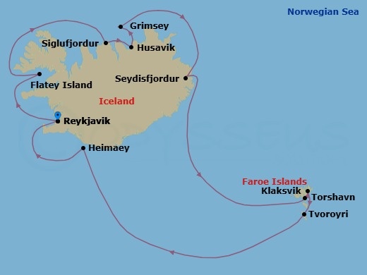 12 Night - Summer in Iceland & the Faroe Islands - Seabourn Pursuit - Starting in Reykjavik, Iceland, Flatey, Iceland, Siglufjordur, Iceland, Husavik, Iceland, Grimsey, Iceland, Seydisfjordur, Iceland, Torshavn, Faroe Islands, Klaksvik, Faroe Islands, Tvoroyri, Faroe Islands, Outer Islands of Heimaey, Heimaey, Westman Islands, Iceland, Reykjavik, Iceland itinerary map