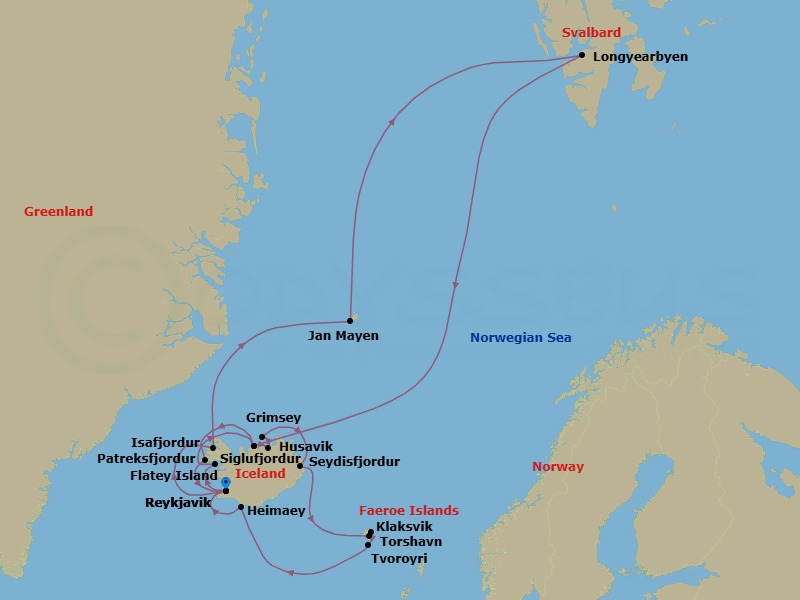 28 Night - Svalbard Expedition, Iceland & the Faroe Islands - Seabourn Pursuit - Starting in Reykjavik, Iceland, Isafjordur, Iceland, Jan Mayen Island, Norway, Longyearbyen, Norway, Svalbard, Siglufjordur, Iceland, Patreksfjordur, Iceland, Reykjavik, Iceland, Flatey, Iceland, Siglufjordur, Iceland, Husavik, Iceland, Grimsey, Iceland, Seydisfjordur, Iceland, Torshavn, Faroe Islands, Klaksvik, Faroe Islands, Tvoroyri, Faroe Islands, Outer Islands of Heimaey, Heimaey, Westman Islands, Iceland, Reykjavik, Iceland itinerary map