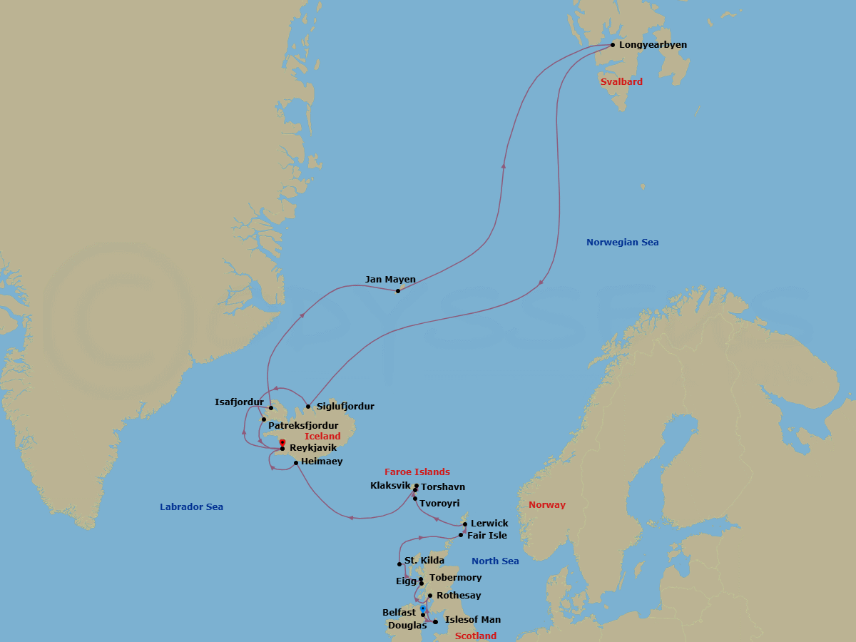 28 Night - Wild Scottish Isles, Iceland & Svalbard Expedition - Seabourn Pursuit - Starting in Belfast, Northern Ireland, United Kingdom, Calf of Man, Isle of Man, Douglas, Isle of Man, Rothesay, Isle of Bute, Scotland, United Kingdom, Tobermory, Island of Mull, Scotland, United Kingdom, Isle of Eigg, Scotland, UK, Am Baile, St Kilda, Scotland, United Kingdom, Fair Isle, Shetland Islands, Scotland, UK, Lerwick, Shetland Islands, United Kingdom, Isle of Noss, Shetland Islands, Scotland, United Kingdom, Tvoroyri, Faroe Islands, Torshavn, Faroe Islands, Klaksvik, Faroe Islands, Outer Islands of Heimaey, Heimaey, Westman Islands, Iceland, Reykjavik, Iceland, Isafjordur, Iceland, Jan Mayen Island, Norway, Longyearbyen, Norway, Svalbard, Siglufjordur, Iceland, Patreksfjordur, Iceland, Reykjavik, Iceland itinerary map
