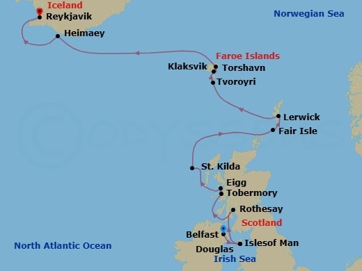 12 Night - Wild Scottish Isles, Faroe Islands & Icelandic Isles - Seabourn Pursuit - Starting in Belfast, Northern Ireland, United Kingdom, Calf of Man, Isle of Man, Douglas, Isle of Man, Rothesay, Isle of Bute, Scotland, United Kingdom, Tobermory, Island of Mull, Scotland, United Kingdom, Isle of Eigg, Scotland, UK, Am Baile, St Kilda, Scotland, United Kingdom, Fair Isle, Shetland Islands, Scotland, UK, Lerwick, Shetland Islands, United Kingdom, Isle of Noss, Shetland Islands, Scotland, United Kingdom, Tvoroyri, Faroe Islands, Torshavn, Faroe Islands, Klaksvik, Faroe Islands, Outer Islands of Heimaey, Heimaey, Westman Islands, Iceland, Reykjavik, Iceland itinerary map