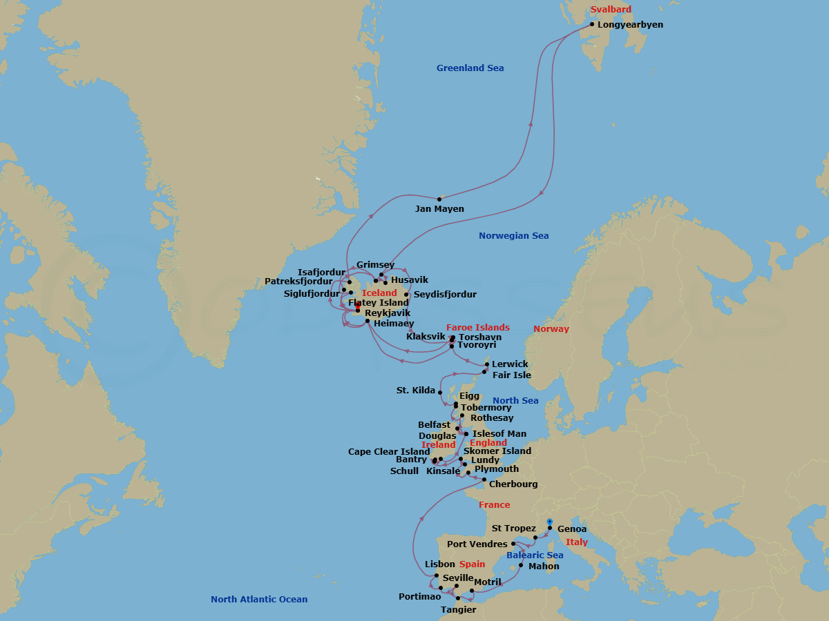 62 Night - Summertime in the Riviera, North Atlantic & Svalbard - Seabourn Pursuit - Starting in Genoa, Italy, St Tropez, France, Port-Vendres, France, Mahon, Menorca, Spain, Motril (Granada), Spain, Tangier, Morocco, Seville, Spain, Portimao, Portugal, Lisbon, Portugal, Cherbourg (Normandy), France, Plymouth, England, United Kingdom, Lundy Island, United Kingdom, Skomer Island, Wales, United Kingdom, Bantry, Ireland, Schull, Ireland, Cape Clear Island, Ireland, Kinsale, Ireland, Calf of Man, Isle of Man, Belfast, Northern Ireland, United Kingdom, Calf of Man, Isle of Man, Douglas, Isle of Man, Rothesay, Isle of Bute, Scotland, United Kingdom, Tobermory, Island of Mull, Scotland, United Kingdom, Isle of Eigg, Scotland, UK, Am Baile, St Kilda, Scotland, United Kingdom, Fair Isle, Shetland Islands, Scotland, UK, Lerwick, Shetland Islands, United Kingdom, Isle of Noss, Shetland Islands, Scotland, United Kingdom, Tvoroyri, Faroe Islands, Torshavn, Faroe Islands, Klaksvik, Faroe Islands, Outer Islands of Heimaey, Heimaey, Westman Islands, Iceland, Reykjavik, Iceland, Isafjordur, Iceland, Jan Mayen Island, Norway, Longyearbyen, Norway, Svalbard, Siglufjordur, Iceland, Patreksfjordur, Iceland, Reykjavik, Iceland, Flatey, Iceland, Siglufjordur, Iceland, Husavik, Iceland, Grimsey, Iceland, Seydisfjordur, Iceland, Torshavn, Faroe Islands, Klaksvik, Faroe Islands, Tvoroyri, Faroe Islands, Outer Islands of Heimaey, Heimaey, Westman Islands, Iceland, Reykjavik, Iceland itinerary map