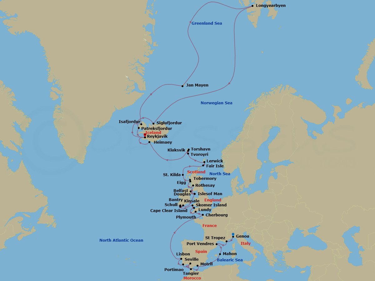 50 Night - from the Iconic Riviera to Remote Svalbard Shores - Seabourn Pursuit - Starting in Genoa, Italy, St Tropez, France, Port-Vendres, France, Mahon, Menorca, Spain, Motril (Granada), Spain, Tangier, Morocco, Seville, Spain, Portimao, Portugal, Lisbon, Portugal, Cherbourg (Normandy), France, Plymouth, England, United Kingdom, Lundy Island, United Kingdom, Skomer Island, Wales, United Kingdom, Bantry, Ireland, Schull, Ireland, Cape Clear Island, Ireland, Kinsale, Ireland, Calf of Man, Isle of Man, Belfast, Northern Ireland, United Kingdom, Calf of Man, Isle of Man, Douglas, Isle of Man, Rothesay, Isle of Bute, Scotland, United Kingdom, Tobermory, Island of Mull, Scotland, United Kingdom, Isle of Eigg, Scotland, UK, Am Baile, St Kilda, Scotland, United Kingdom, Fair Isle, Shetland Islands, Scotland, UK, Lerwick, Shetland Islands, United Kingdom, Isle of Noss, Shetland Islands, Scotland, United Kingdom, Tvoroyri, Faroe Islands, Torshavn, Faroe Islands, Klaksvik, Faroe Islands, Outer Islands of Heimaey, Heimaey, Westman Islands, Iceland, Reykjavik, Iceland, Isafjordur, Iceland, Jan Mayen Island, Norway, Longyearbyen, Norway, Svalbard, Siglufjordur, Iceland, Patreksfjordur, Iceland, Reykjavik, Iceland itinerary map